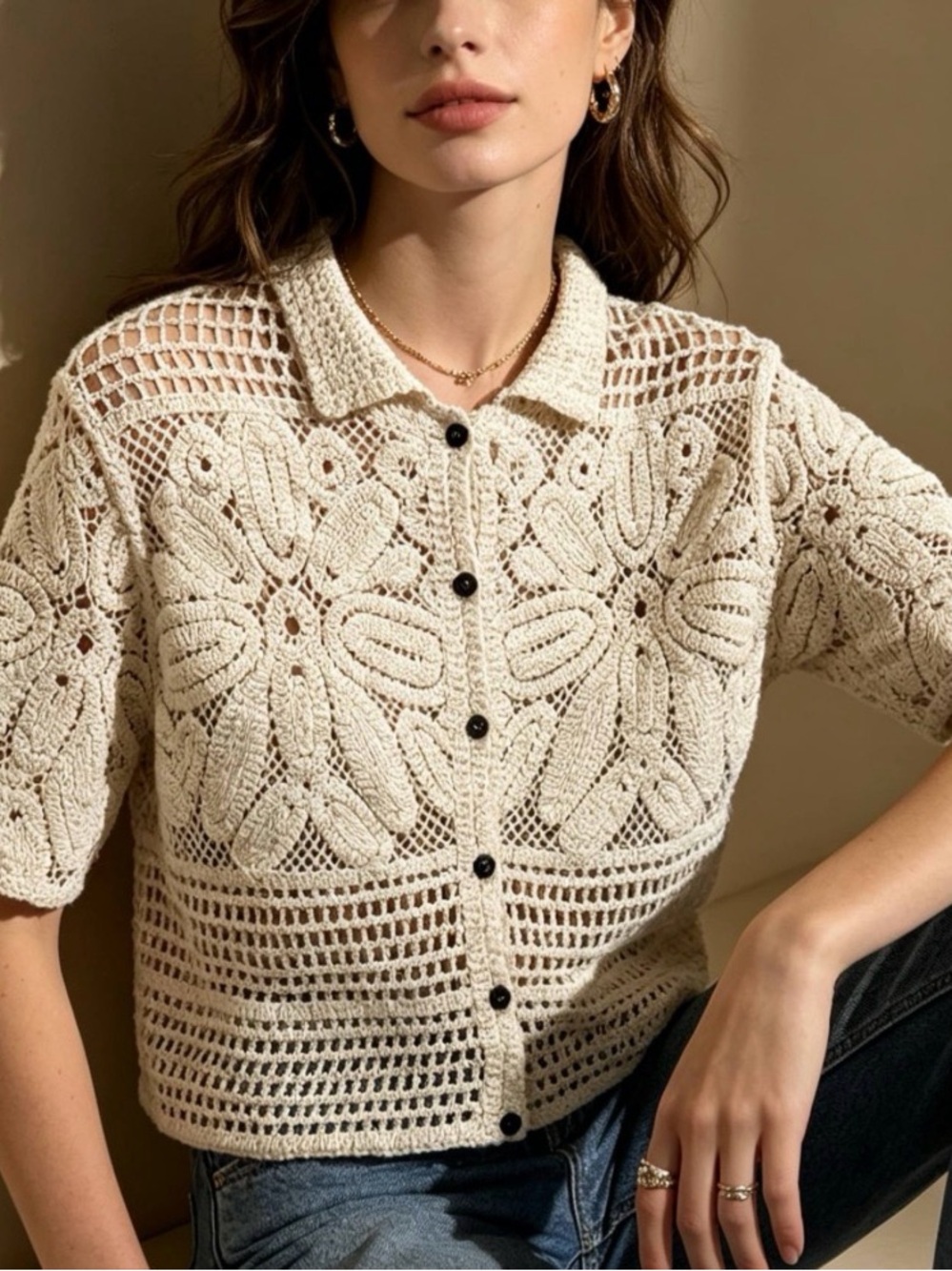 *Anniewear* Women's Cream Crochet Button-Front Cardigan Sweater L/XL
